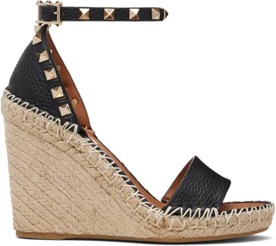 Valentino Garavani Black Double Rockstud Grainy Calfskin Wedge Sandals