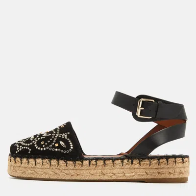 Pre-owned Valentino Garavani Black Embellished Suede And Leather Ankle Wrap Espadrille Sandals Size 39