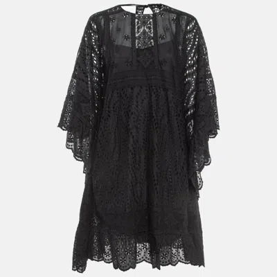 Pre-owned Valentino Black Eyelet Embroidered Cotton Kaftan M
