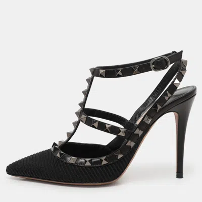 Pre-owned Valentino Garavani Black Fabric And Leather Rockstud Ankle Strap Pumps Size 37