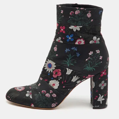 Pre-owned Valentino Garavani Black Fabric Floral Print Block Heel Ankle Length Boots Size 40