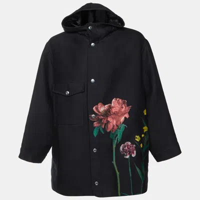 Pre-owned Valentino Black Floral Jacquard Gabardine Hooded Coat M