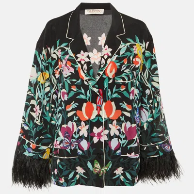 Pre-owned Valentino Black Floral Print Silk Feather Trim Shirt Xl
