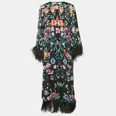 Pre-owned Valentino Black Garden Print Silk Feather Trimmed Crepe De Chine Long Dress M