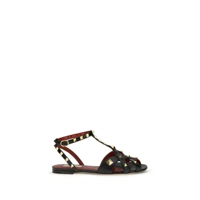Valentino Garavani Black Goatskin Flat Sandals In Multi