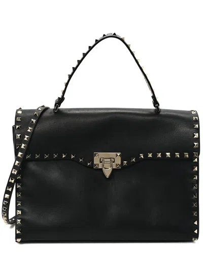 Valentino Garavani Valentino Black Grained Calfskin Leather Rockstud Top Handle Flap Shoulder Bag  (authentic Pre-loved