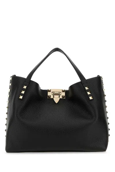 Valentino Garavani Black Grained Calfskin Rockstud Small Handbag With Platinum Studs