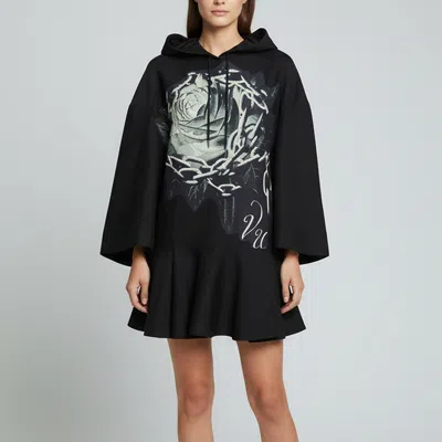 Pre-owned Valentino Black Graphic Print Silk Blend & Crepe Hooded Mini Dress S