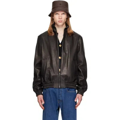 Valentino Black High Neck Leather Jacket In Red