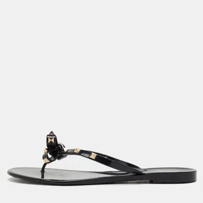 Pre-owned Valentino Garavani Black Jelly Rockstud Bow Flat Thong Sandals Size 42