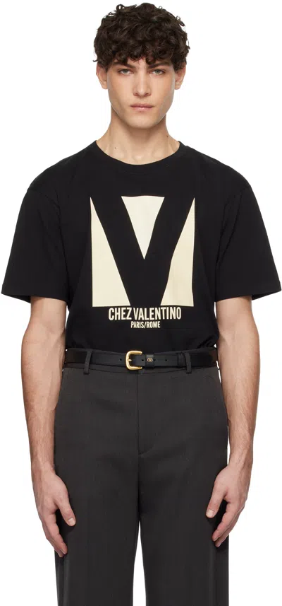 VALENTINO BLACK JERSEY COTTON 'CHEZ VALENTINO' PRINT T-SHIRT