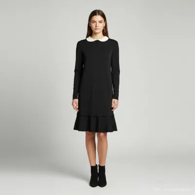 Pre-owned Valentino Black Knit Contrast Collar Flounce Dress M