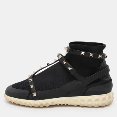 Pre-owned Valentino Garavani Black Knit Fabric And Leather Rockstud Bodytech High Top Sneakers Size 38