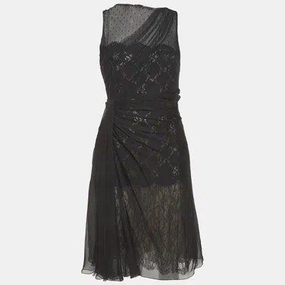 Pre-owned Valentino Black Lace And Chiffon Draped Midi Dress L