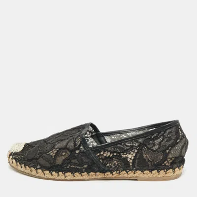 Pre-owned Valentino Garavani Black Lace And Leather Espadrille Flats Size 38