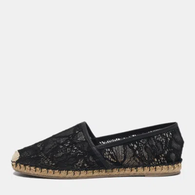 Pre-owned Valentino Garavani Black Lace And Leather Espadrille Flats Size 40