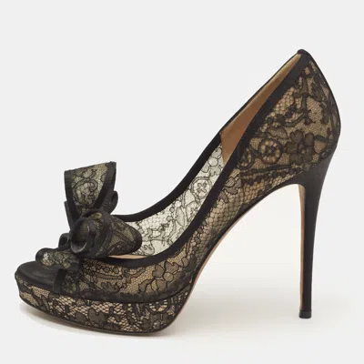 Pre-owned Valentino Garavani Black Lace And Mesh Bow Peep Toe Platform Pumps Size 38