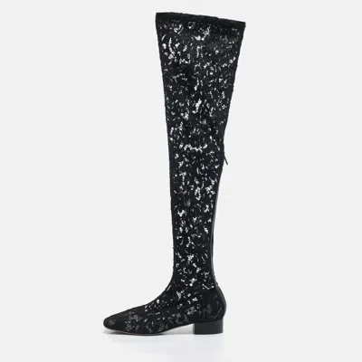 Pre-owned Valentino Garavani Black Lace And Mesh Knee Length Boots Size 40