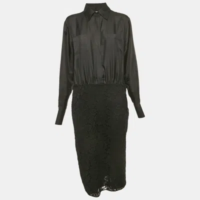 Pre-owned Valentino Black Lace And Satin Long Sleeve Midi Dress L