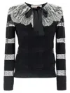 Valentino Bow-embellished Striped Lace-trimmed Wool Sweater In Blackwhite