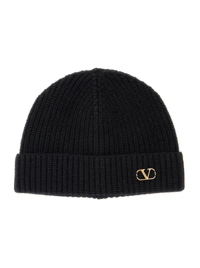 Valentino Garavani Cashmere Ribbed Texture Beanie With Turn-up Brim In Black