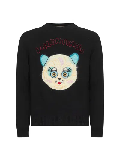VALENTINO BLACK LE CHAT DE LA MAISON EMBROIDERED SWEATER