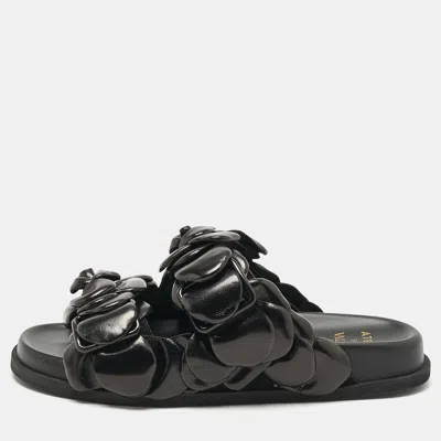 Pre-owned Valentino Garavani Black Leather 03 Rose Edition Atelier Flat Slides Size 36