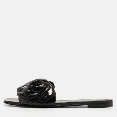 Pre-owned Valentino Garavani Black Leather 03 Rose Edition Atelier Flat Slides Size 39