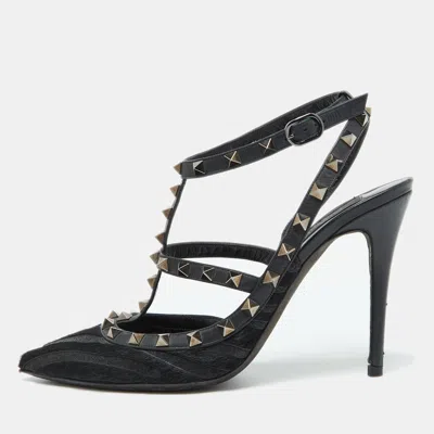 Pre-owned Valentino Garavani Black Leather And Calf Hair Rockstud Ankle Strap Pumps Size 40