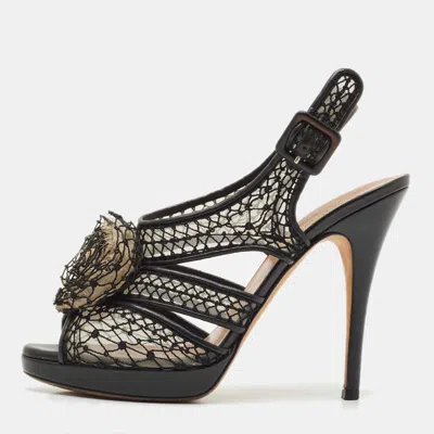 Pre-owned Valentino Garavani Black Leather And Lace Flower Embellished Platform Slingback Sandals Size 40