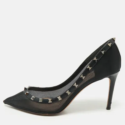 Pre-owned Valentino Garavani Black Leather And Mesh Rockstud Pointed Toe Pumps Size 40.5