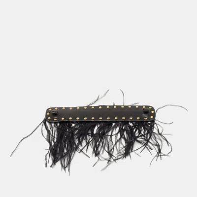 Pre-owned Valentino Garavani Black Leather And Ostrich Feather Rockstud Handle Strap