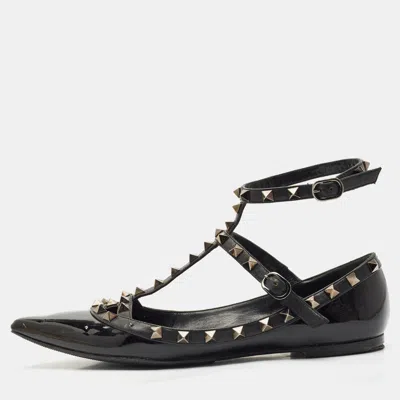 Pre-owned Valentino Garavani Black Leather And Patent Rockstud Cage Ballet Flats Size 38.5