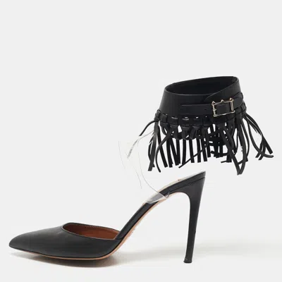Pre-owned Valentino Garavani Black Leather And Pvc C-rockee Fringe Ankle Wrap Pumps Size 37.5