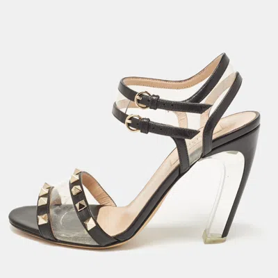 Pre-owned Valentino Garavani Black Leather And Pvc Rockstud Ankle Strap Sandals Size 36.5
