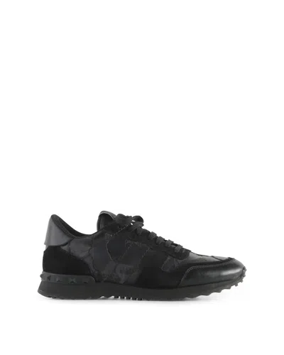 Valentino Garavani Black Leather & Suede Camouflage Rockrunner Sneakers