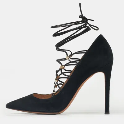 Pre-owned Valentino Garavani Black Leather And Suede Rockstud Lace Up Pumps Size 40