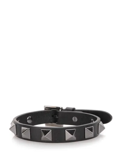Valentino Garavani Black Leather Bracelet In Nero