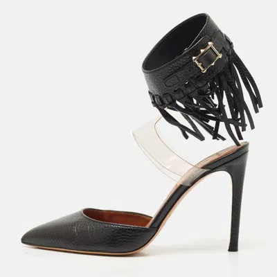 Pre-owned Valentino Garavani Black Leather C-rockee Fringe Ankle Strap Sandals Size 35