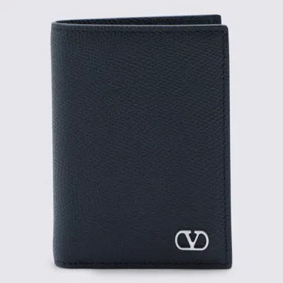 Valentino Garavani Black Leather Card Holder In Blue