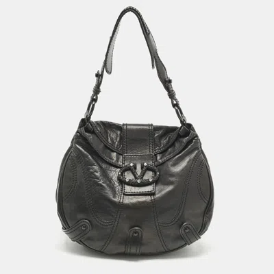 Pre-owned Valentino Garavani Black Leather Catch Crystals Hobo