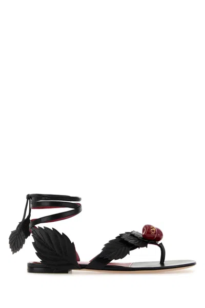 VALENTINO GARAVANI BLACK LEATHER CHERRYFIC THONG SANDALS