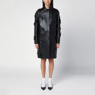 Valentino Black Leather Coat With Embroidery