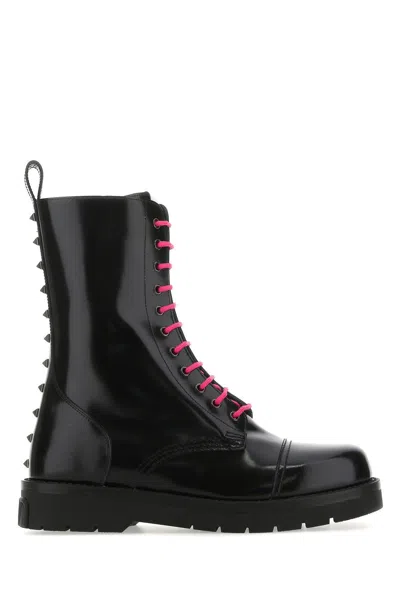 Valentino Garavani Black Leather Combat Boots In Uz3