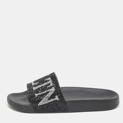 Pre-owned Valentino Garavani Black Leather Crystal Embellished Flat Slides Size 37