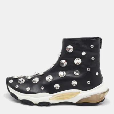 Pre-owned Valentino Garavani Black Leather Crystal Embellished High Top Sneakers Size 38.5