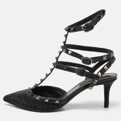 Pre-owned Valentino Garavani Black Leather Crystal Embellished Rockstud Ankle Strap Sandals Size 38