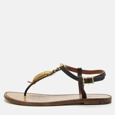 Pre-owned Valentino Garavani Black Leather Embellished Thong Flat Sandals Size 37.5