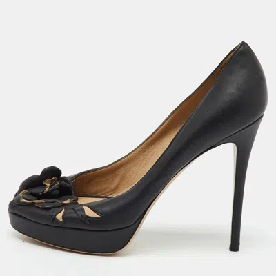 Pre-owned Valentino Garavani Black Leather Flower Embellished Peep Toe Platform Pumps Size 38.5
