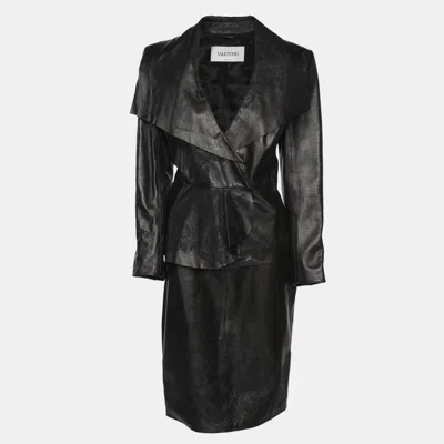 Pre-owned Valentino Black Leather Lace Trimmed Jacket Skirt Set L/m